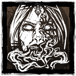 An up-close and stylized face of Orin the Red from Baldur's Gate 3 with smoke-like effects coming from the mouth and a dark inky pattern appearing on the side of her face as if she is changing appearance.
